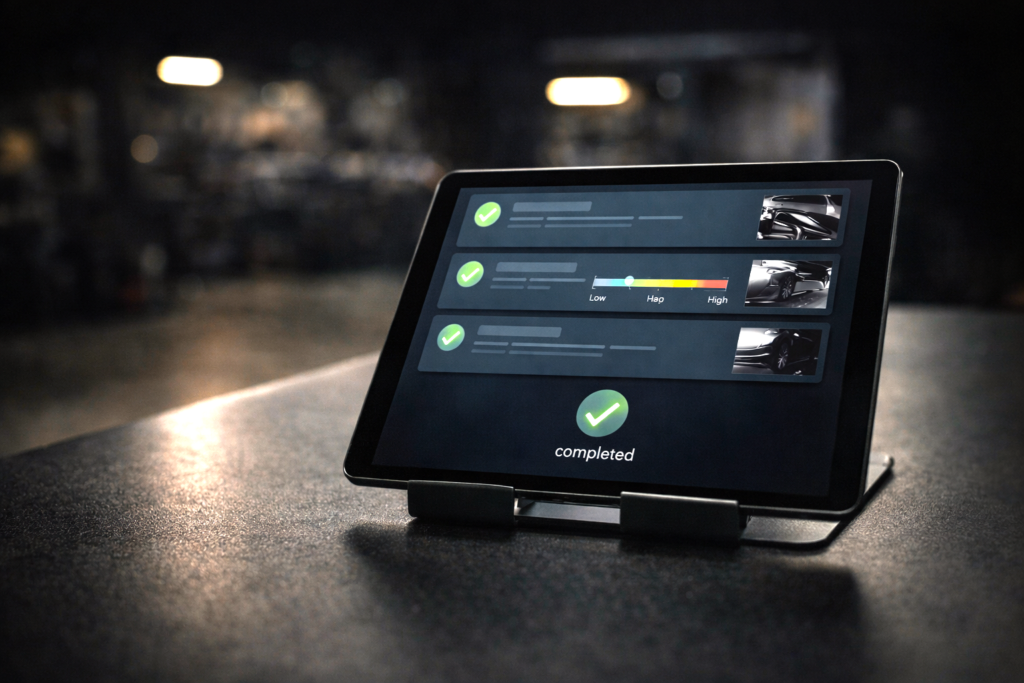 Tablet met overzicht van een schade-inschatting in een donkere werkplaats